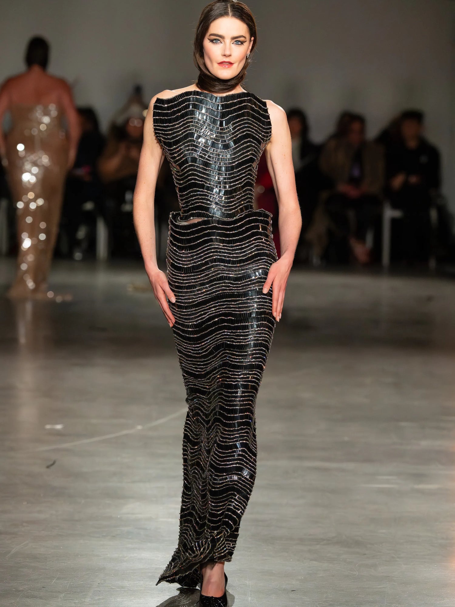 Strapless Structured Black Paillette Gown