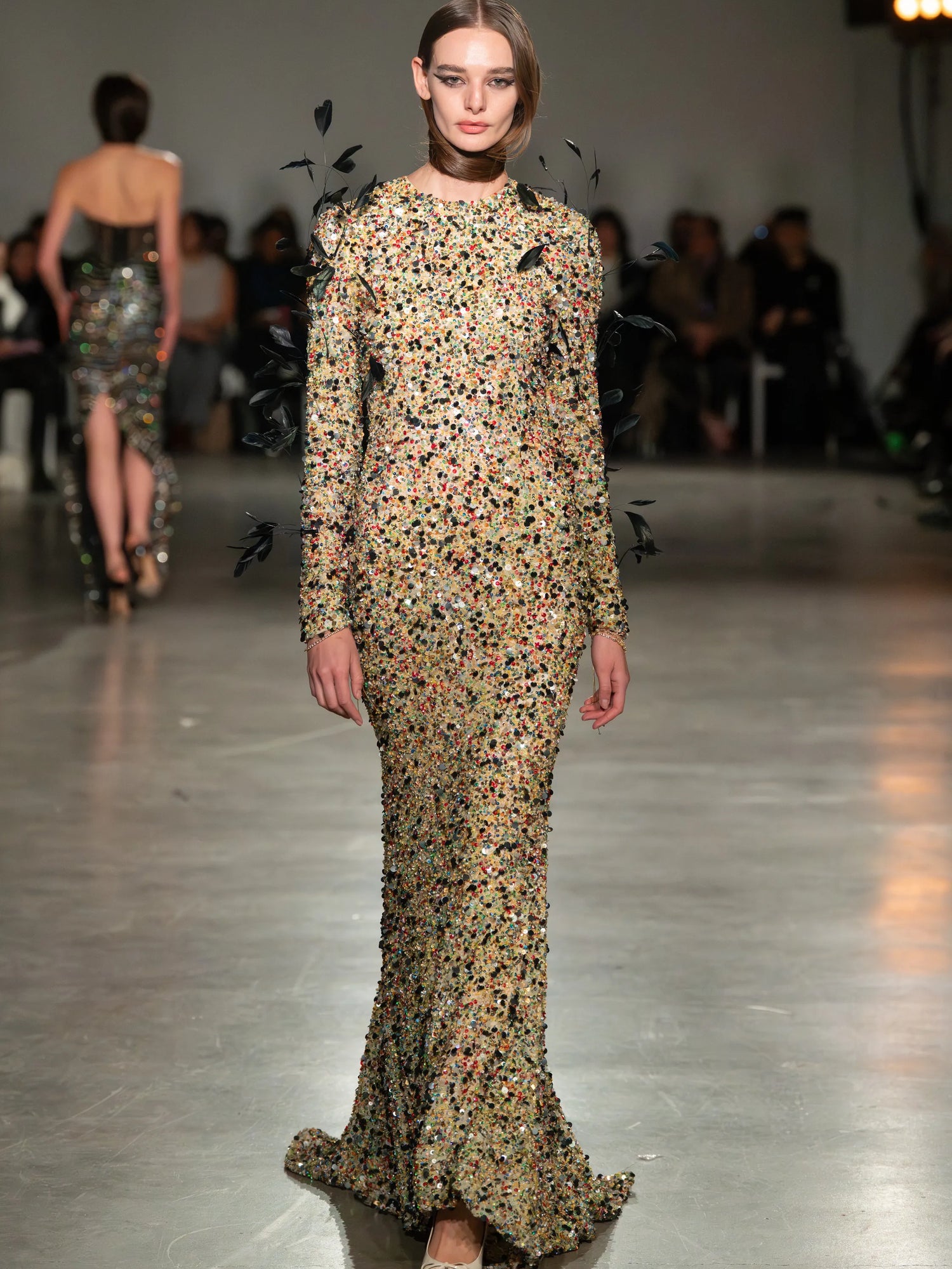 Long Sleeve Multicolor Beaded Gown with Feathers