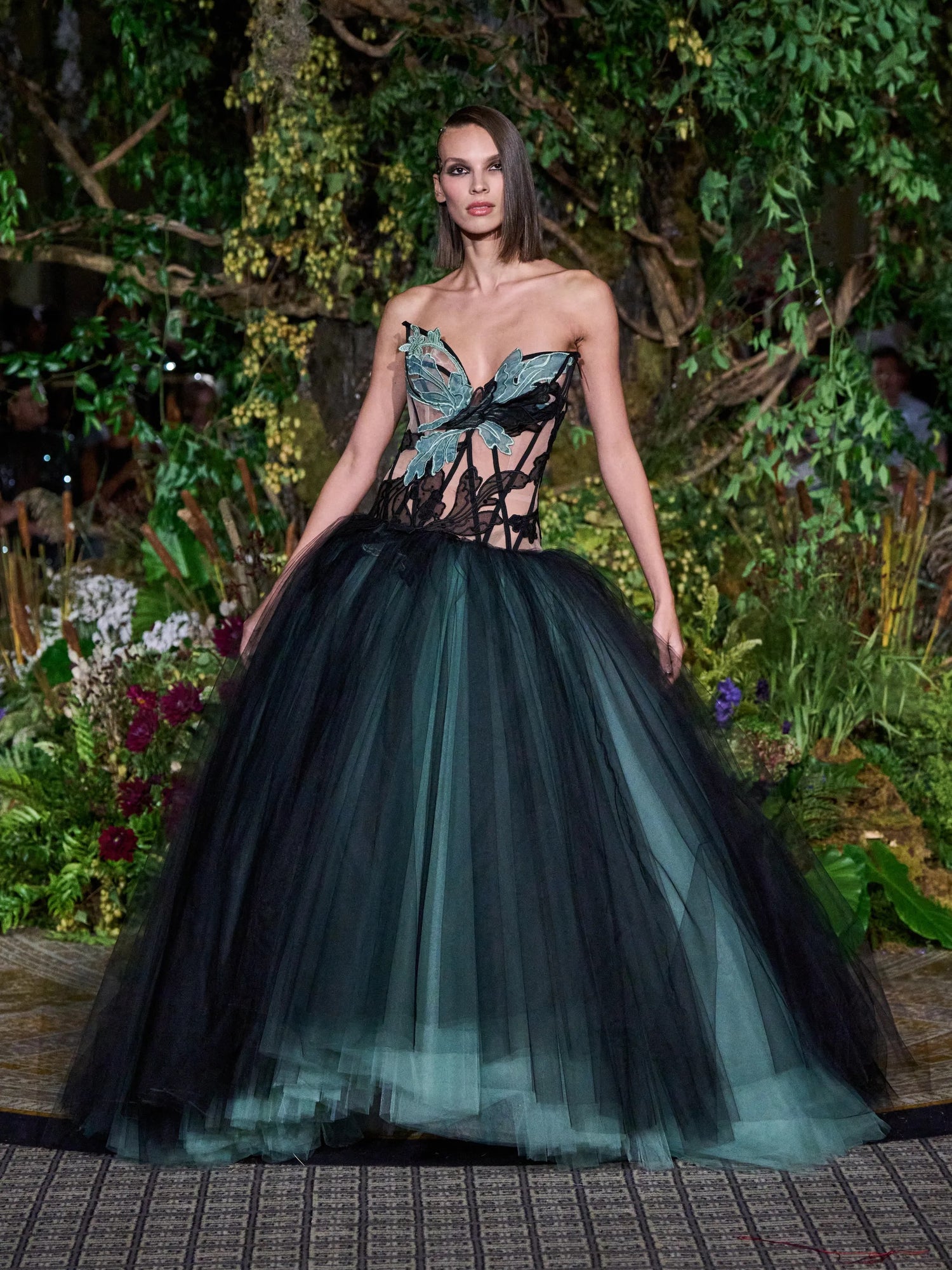 BLACK AND SEAFOAM ABSTRACT TATTOO LACE CORSETED TULLE BALL GOWN