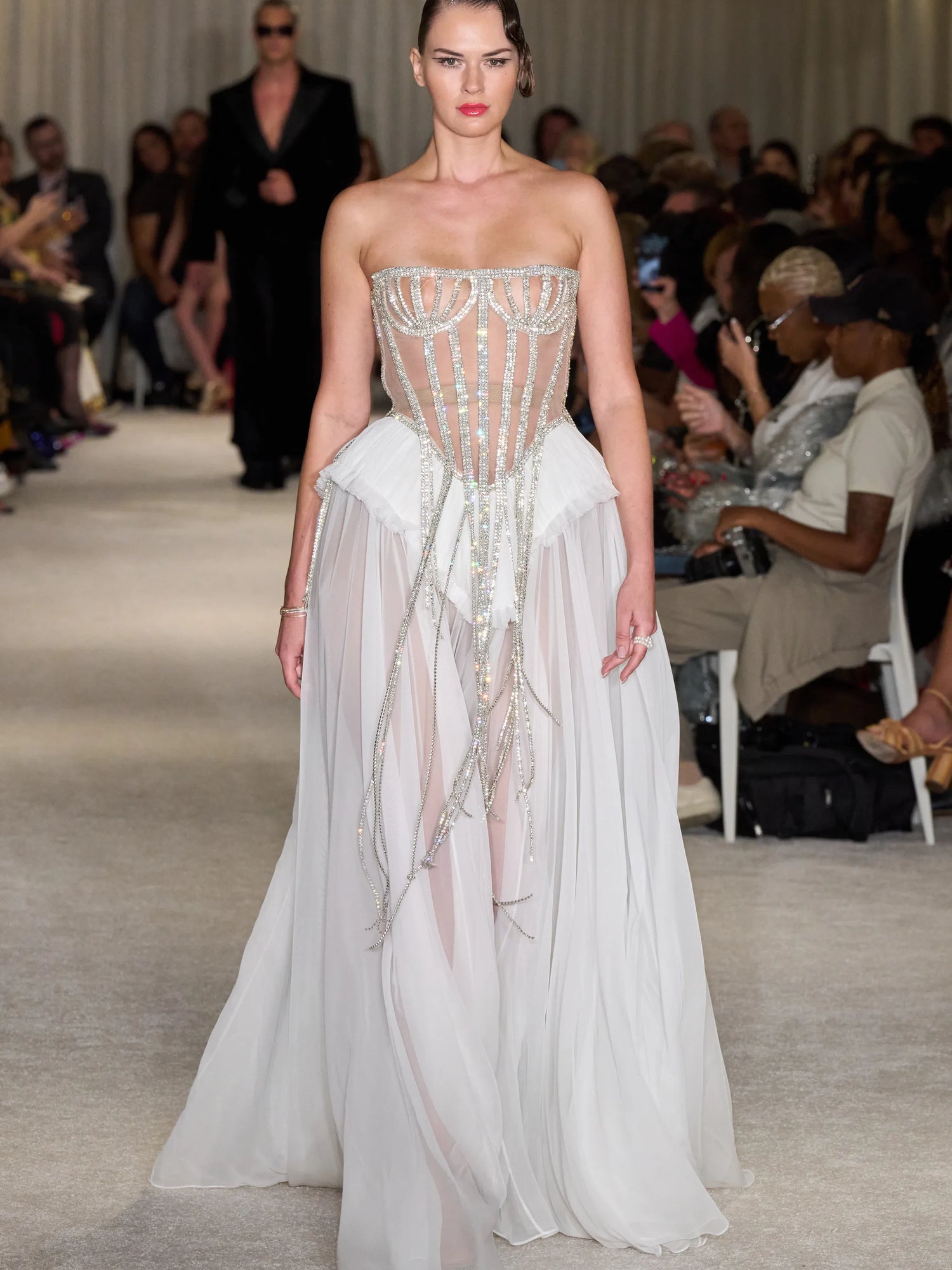 White Chiffon Crystal Corset Gown