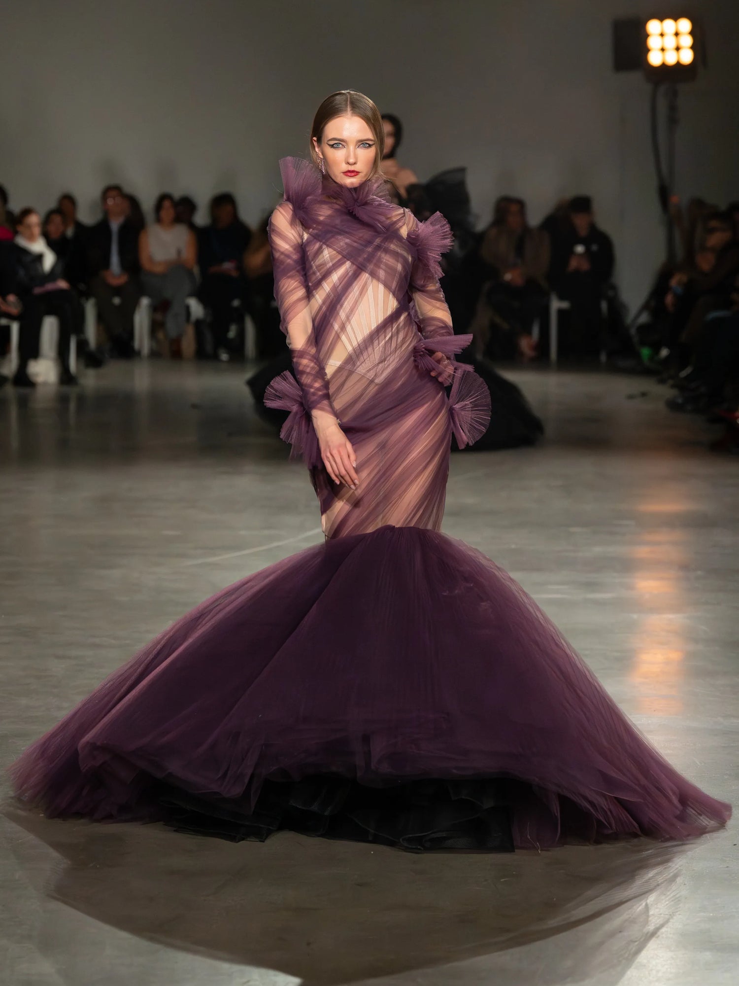 Plum Draped Tulle Mermaid Gown