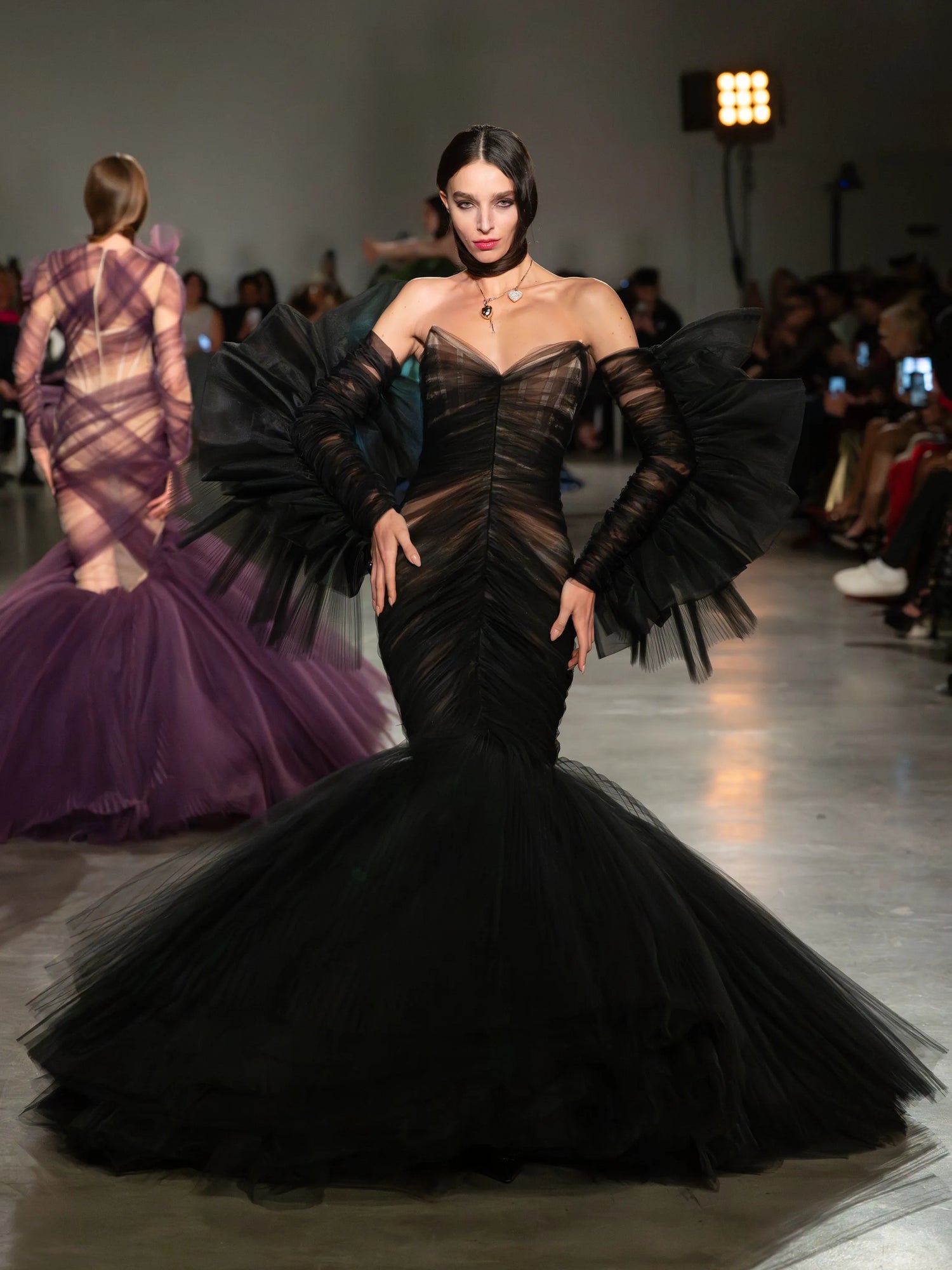 Tulle Ruffle Sleeve Draped Mermaid Gown