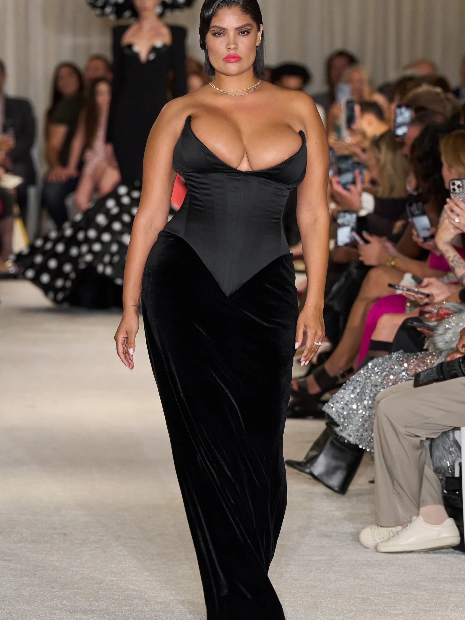 Black Satin and Velvet Pointed Strapless Column Gown