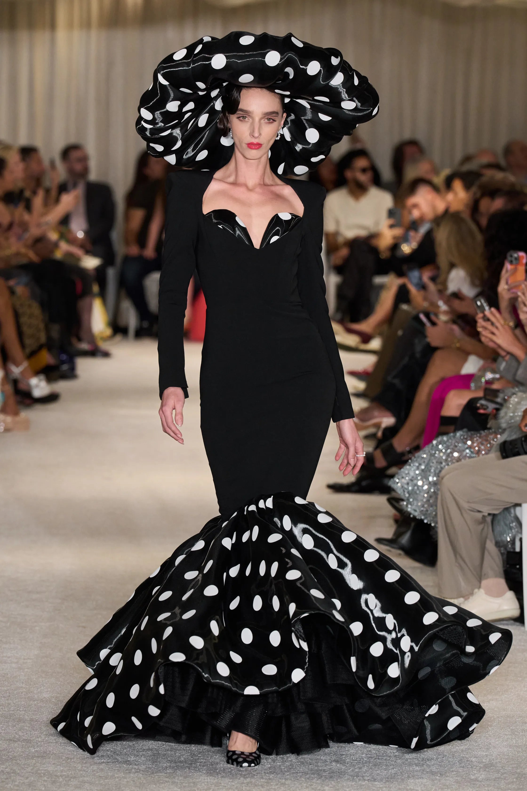 black liquid organza dress Black Long Sleeve Liquid Organza Polka Dot Mermaid Gown