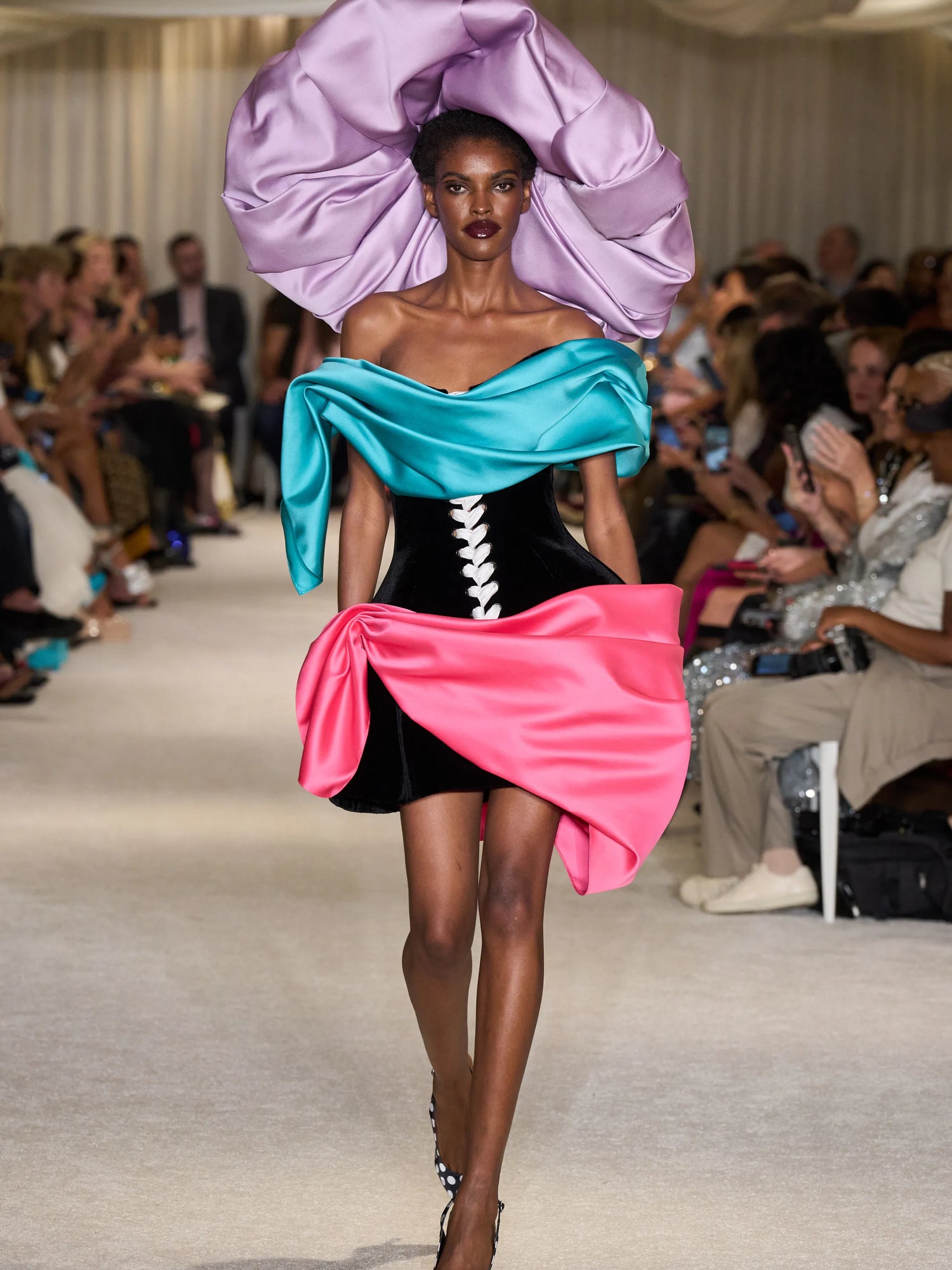 Black Velvet Lace Up Mini Dress with Aqua and Fuchsia Drape | Christian Siriano Black Velvet Lace Up Mini Dress with Aqua and Fuchsia Drape | Christian Siriano