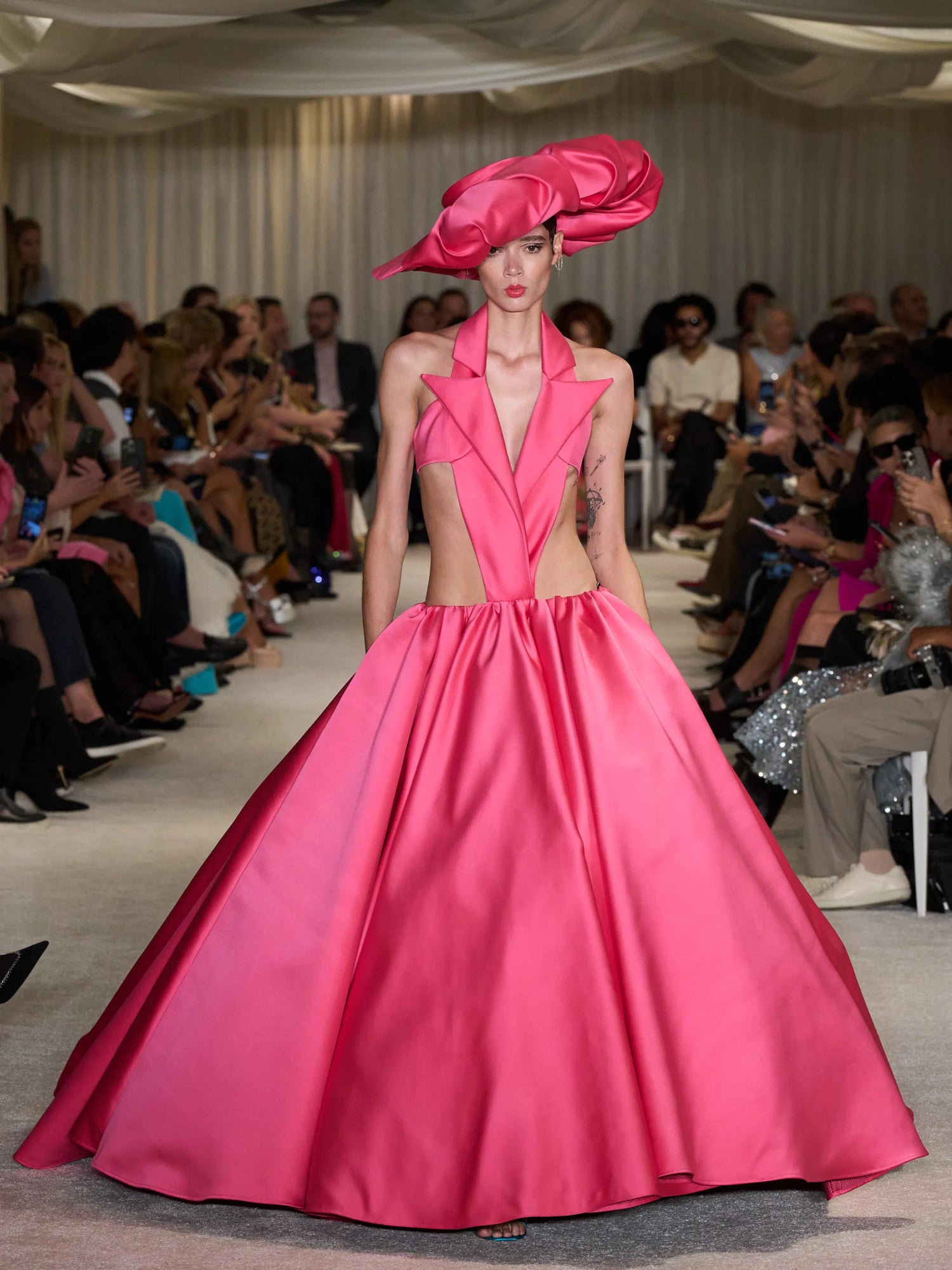 Fuchsia Lapel Cutout Ball Gown