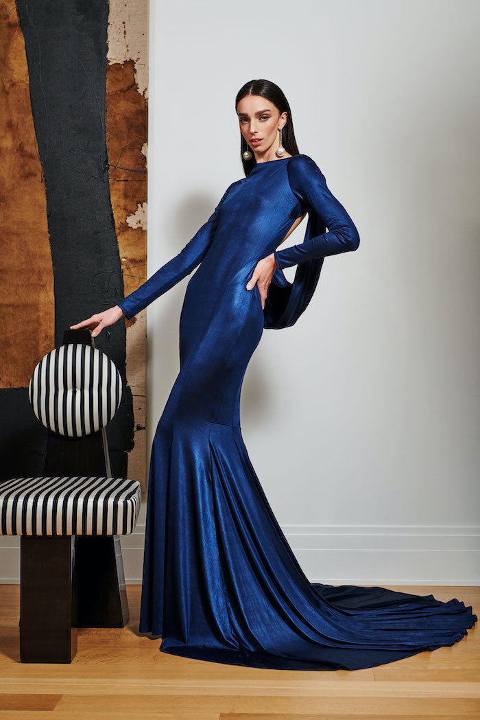 Sapphire Draped Open Back Gown