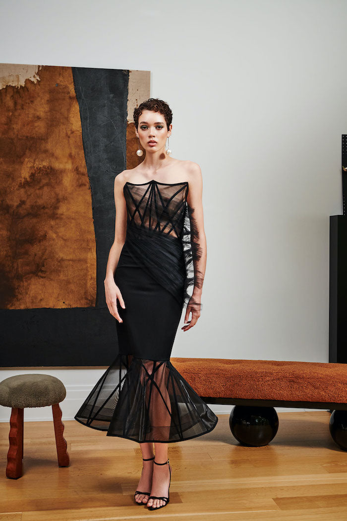 Sheer Corset Bodice Midi Flare Hem Dress | Christian Siriano Sheer Corset Bodice Midi Flare Hem Dress | Christian Siriano