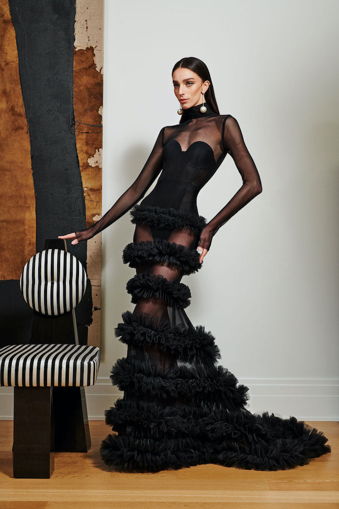 Black Mesh Tulle Layered Gown