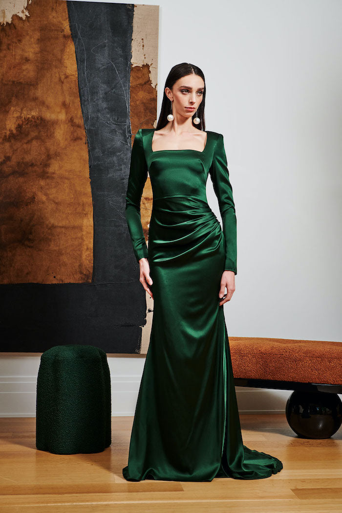 Emerald Long Sleeve Draped Gown