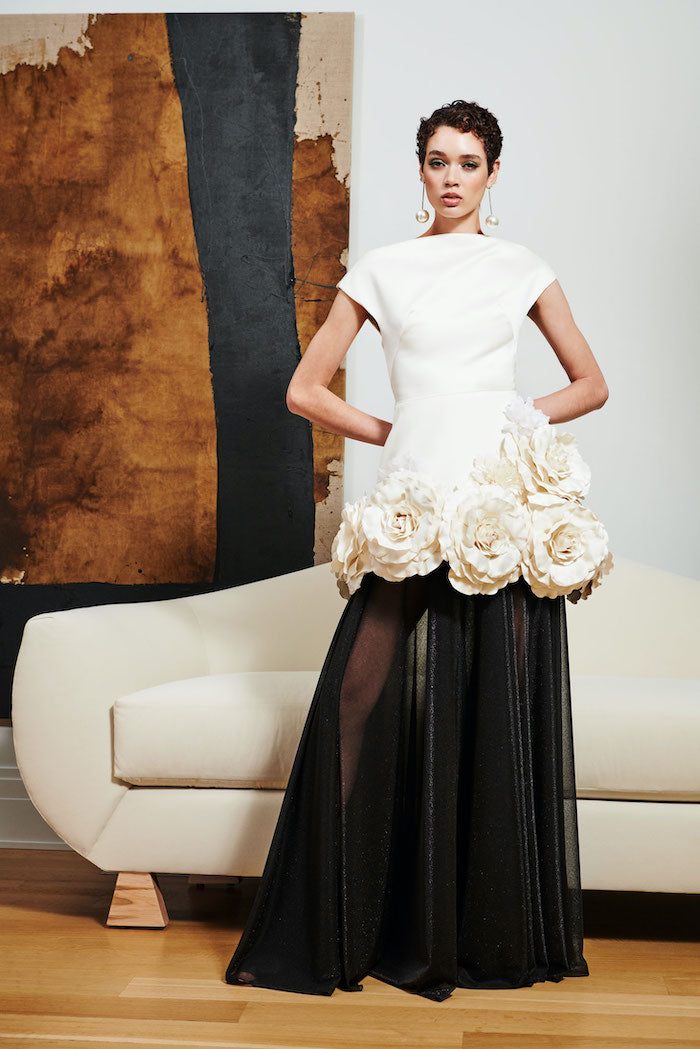 Structured Ivory Floral Applique Mini Dress | Christian Siriano Structured Ivory Floral Applique Mini Dress | Christian Siriano