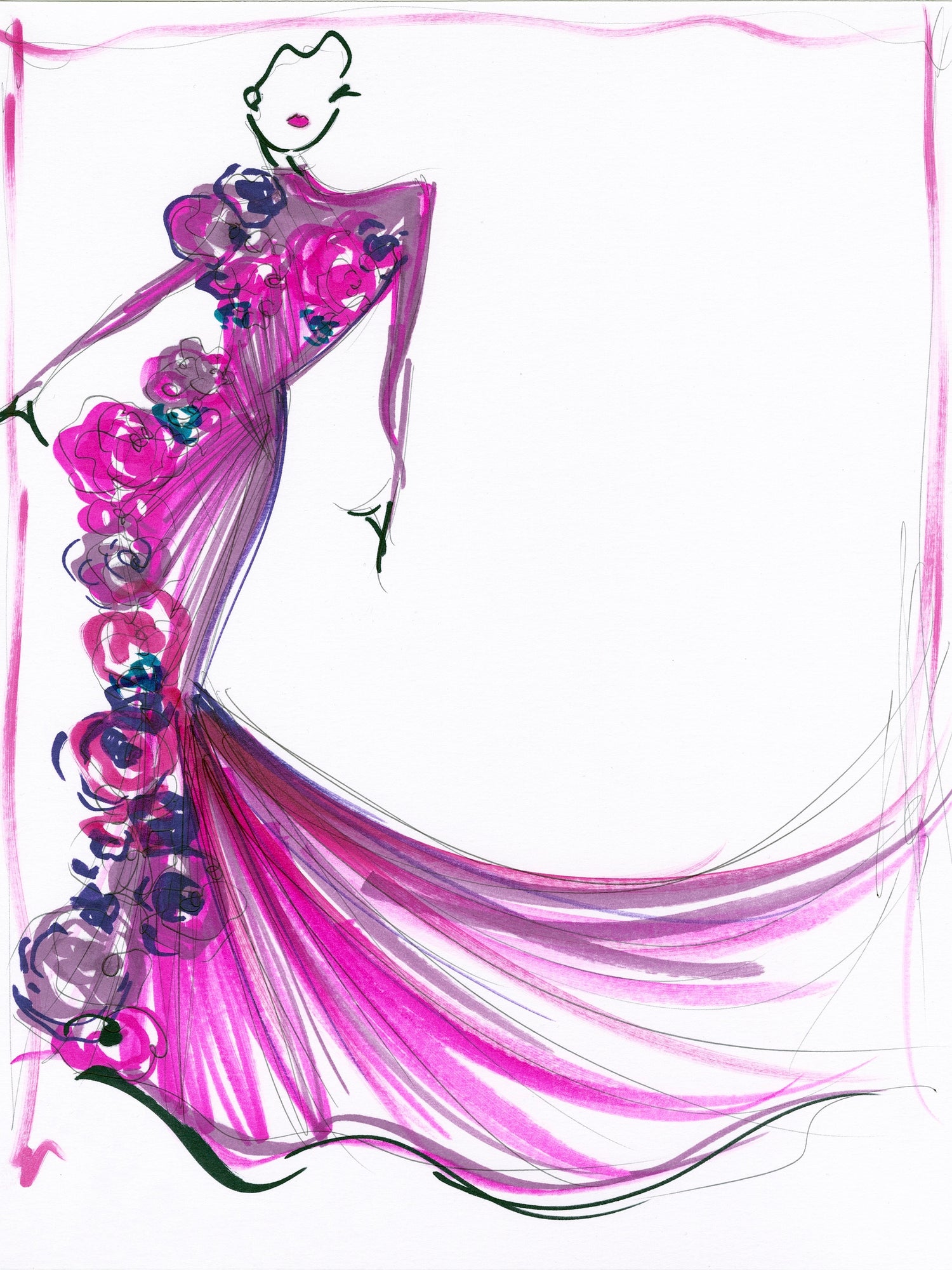 "Fall 2023 Floral Applique Mesh Gown" - Sketch Print