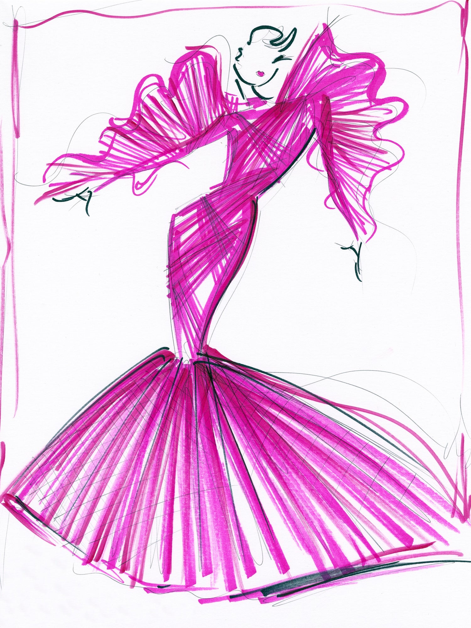 "Fall 2023 Orchid Draped Tulle Mermaid Gown" - Sketch Print