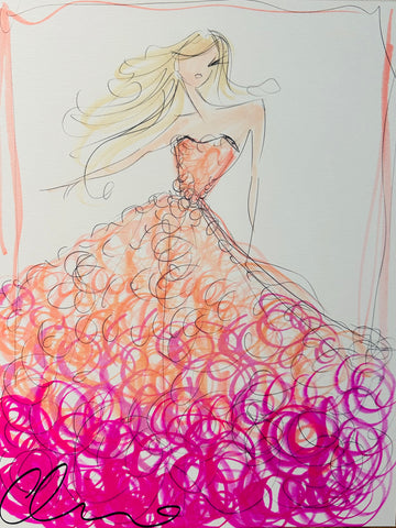 "Turquoise Flutter Sleeve Gown" - ORIGINAL SKETCH