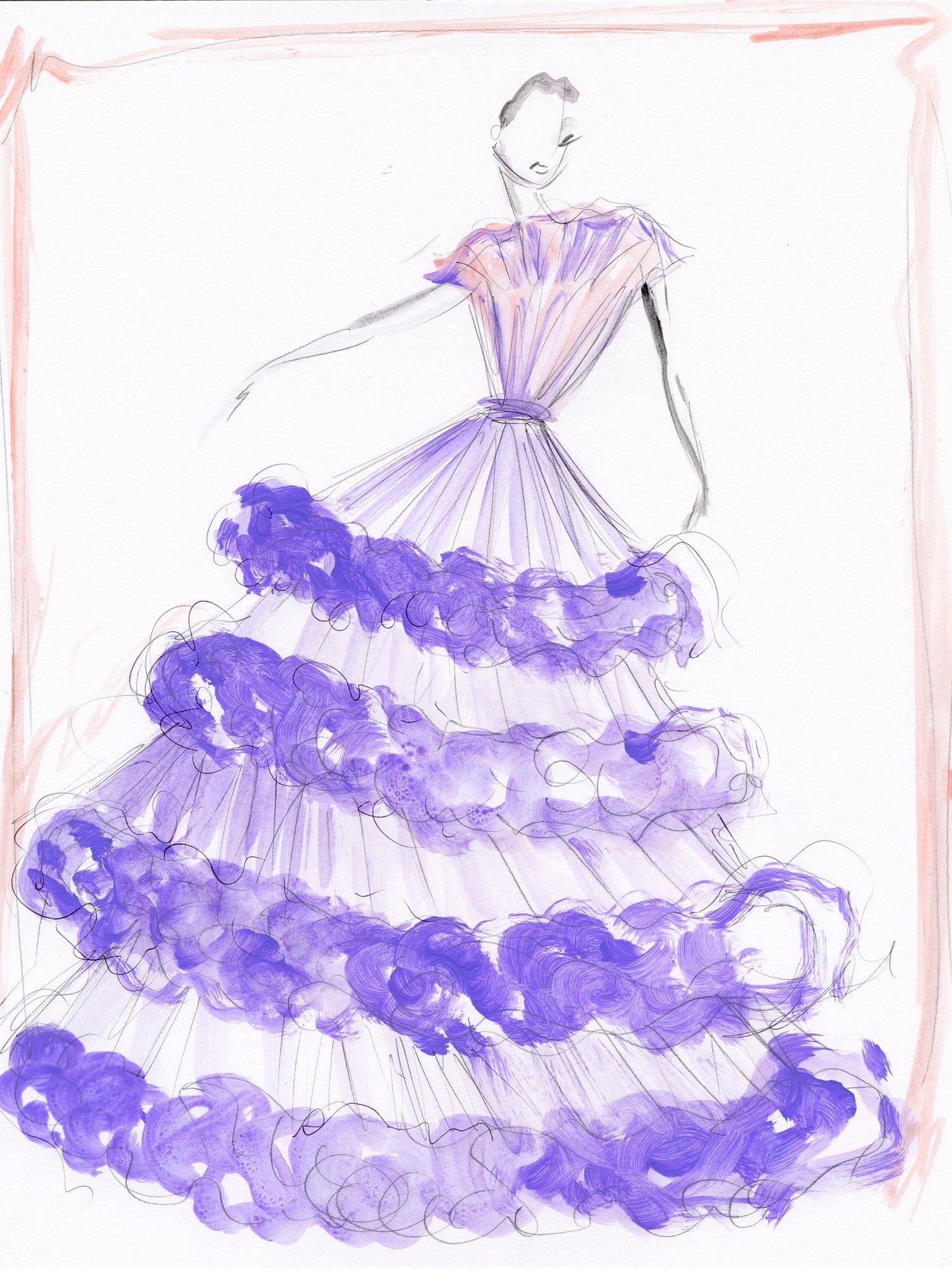 "Lavender Layered Ruffle Tulle Gown" - Sketch Print