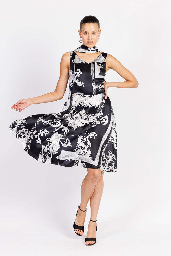 Black and White Fleur de Lis Silk Dress & Wrap