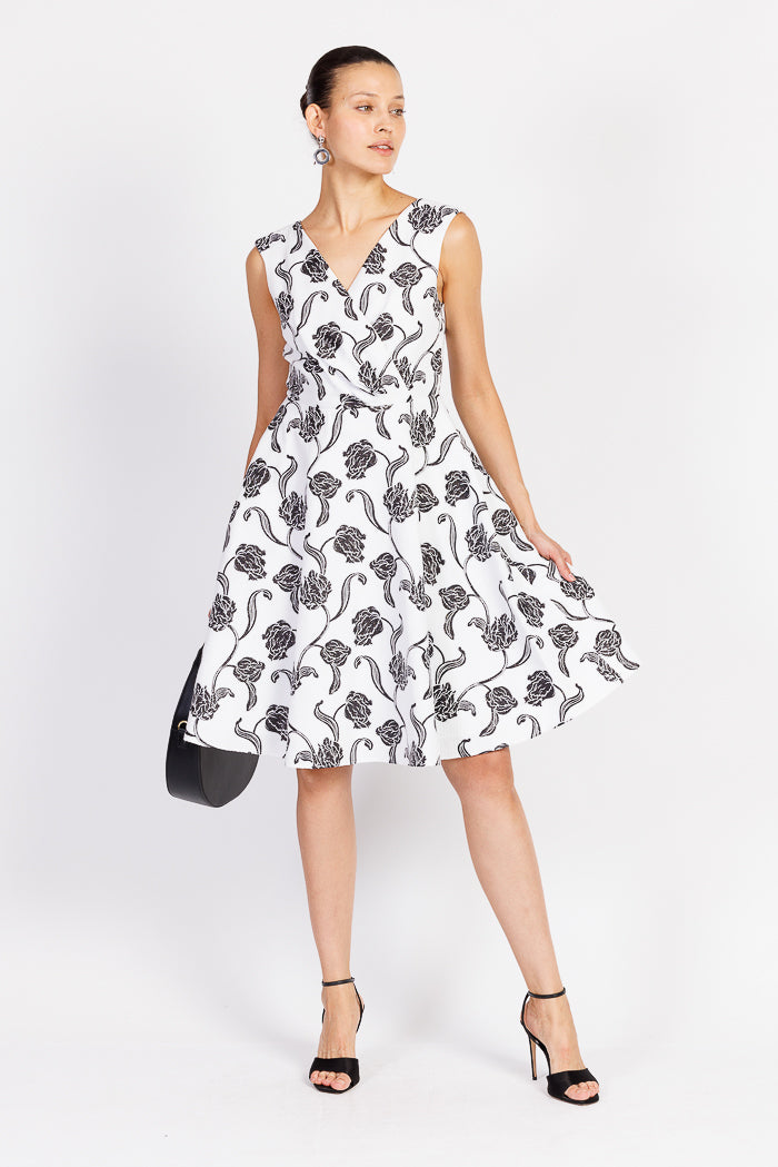 Black and White Floral Brocade Sleeveless Dress