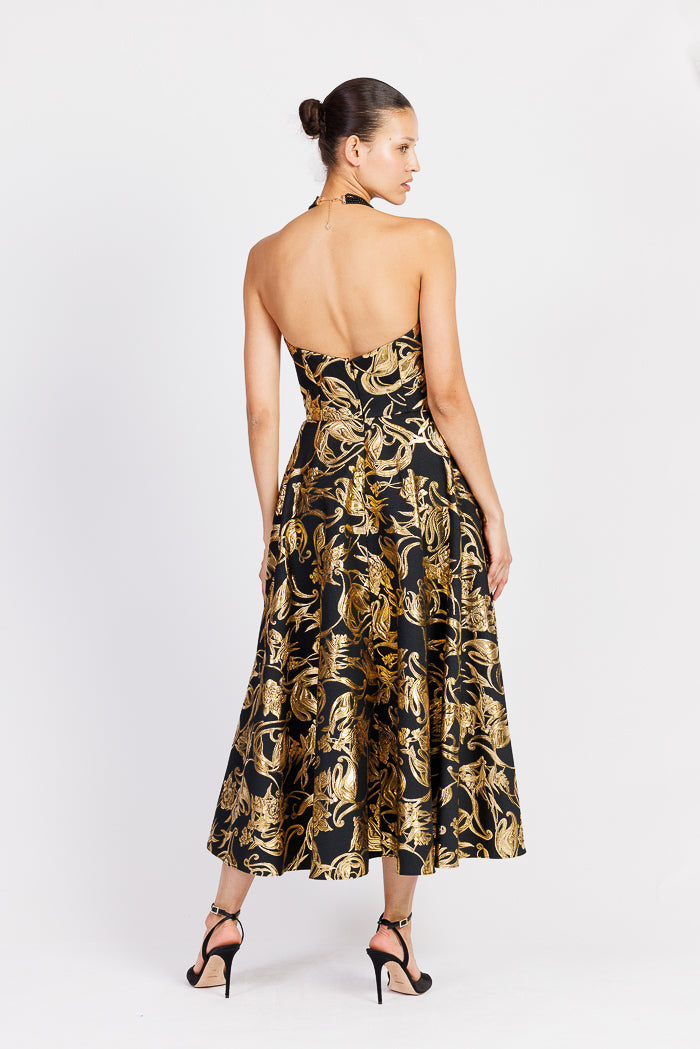 Black and Gold Brocade Strapless A-line Tea Length Dress