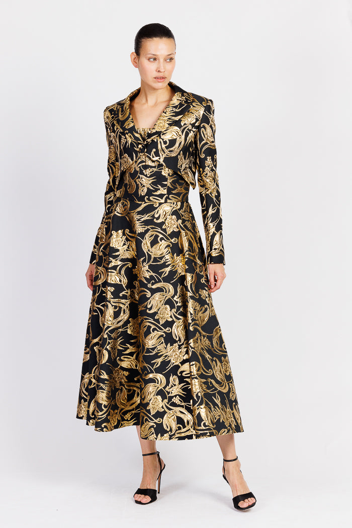 Black and Gold Brocade Strapless A-line Tea Length Dress