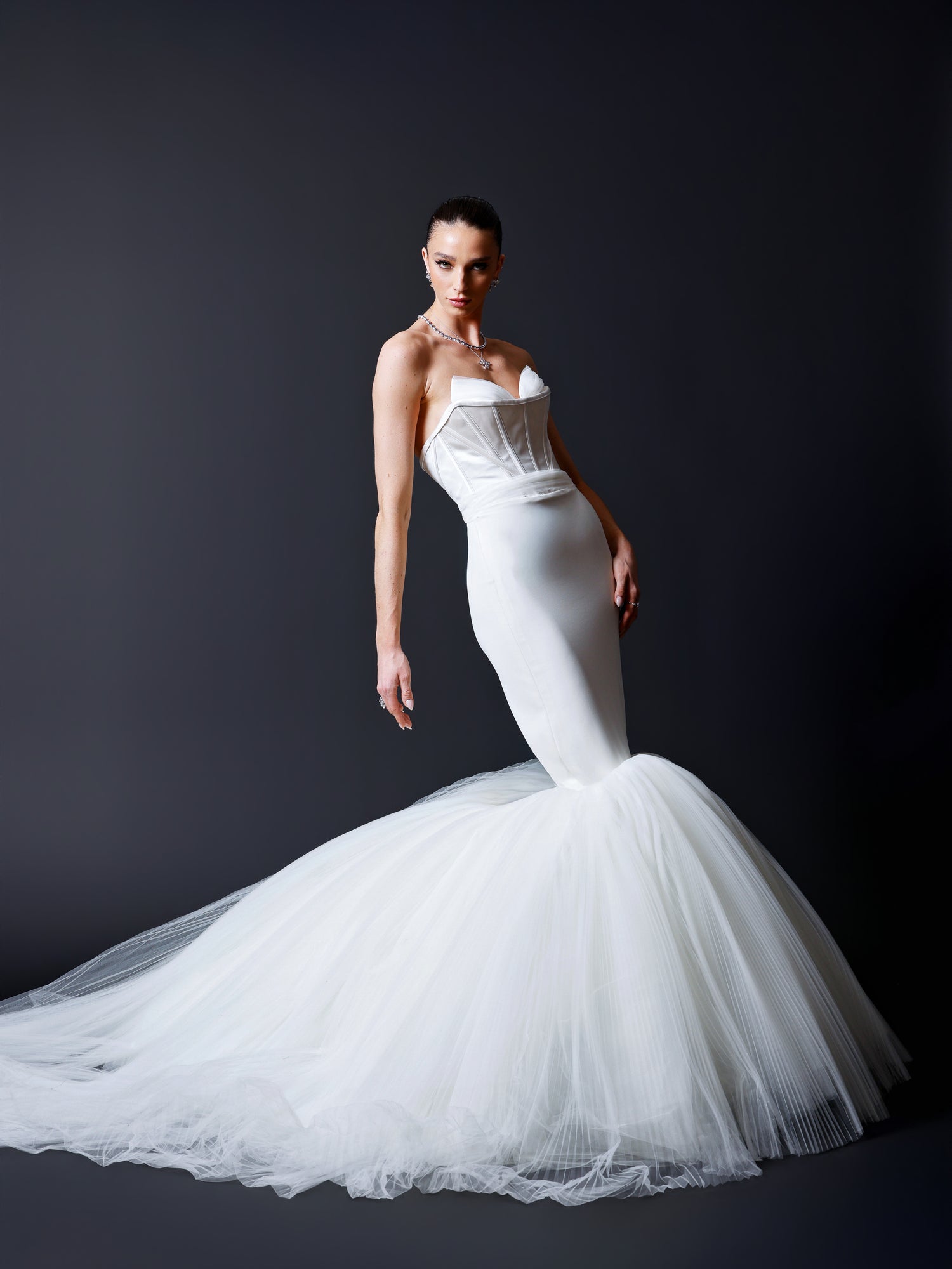 Pleated Tulle Corset Mermaid Gown