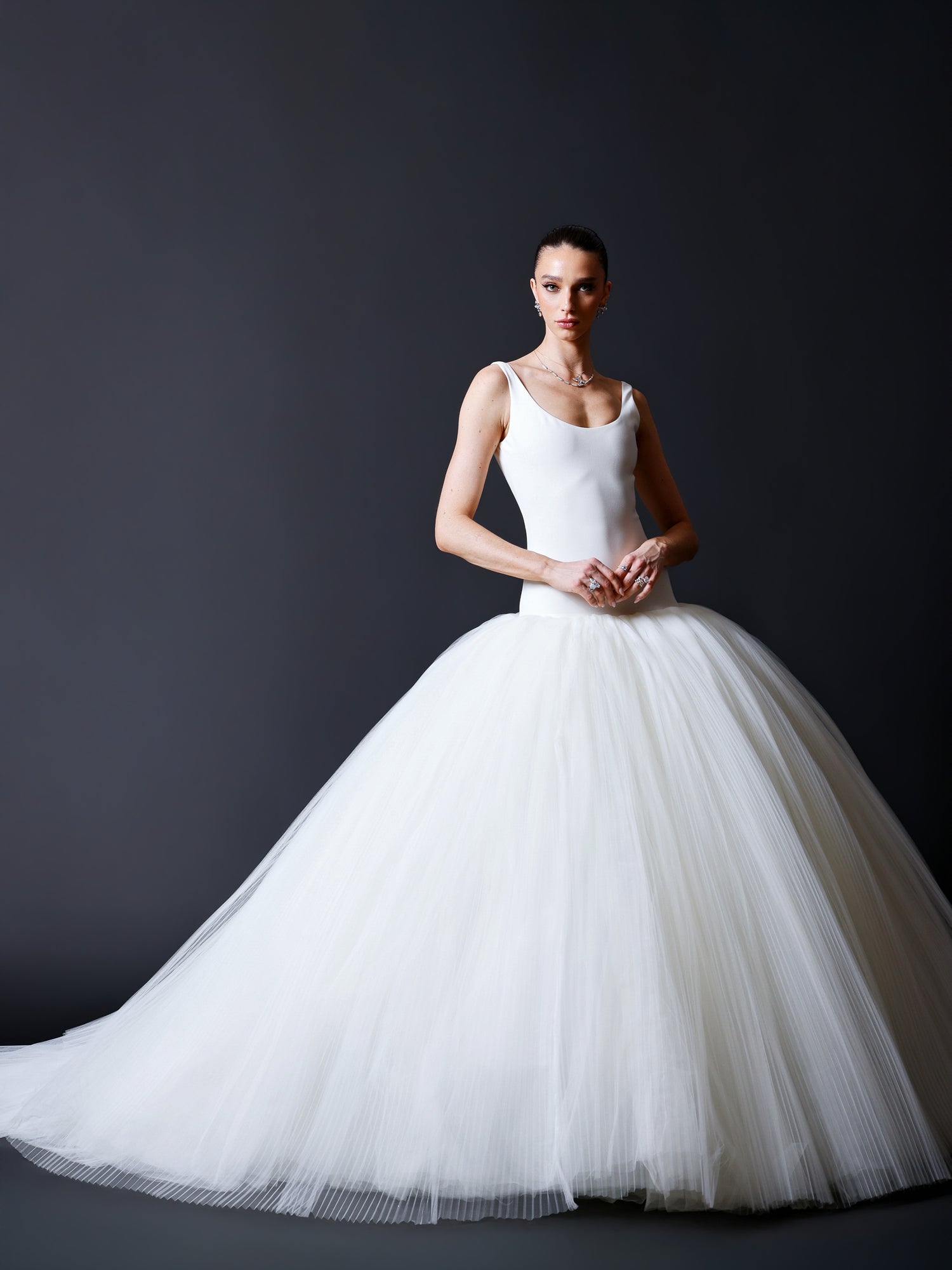 Drop-Waist Pleated Tulle Ball Gown