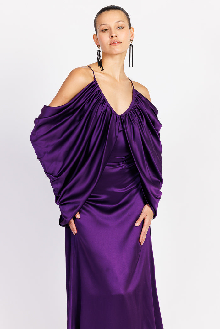 Purple Draped Sleeve Gown