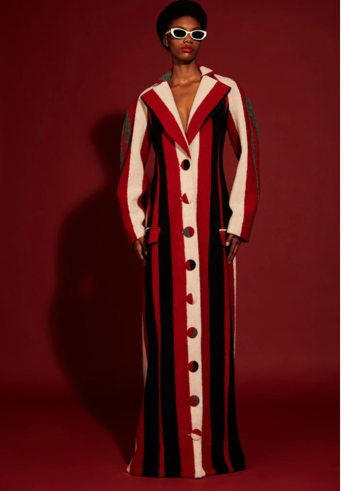 Graphic Multi Color Stripe Floor Length Wool Coat | Christian Siriano