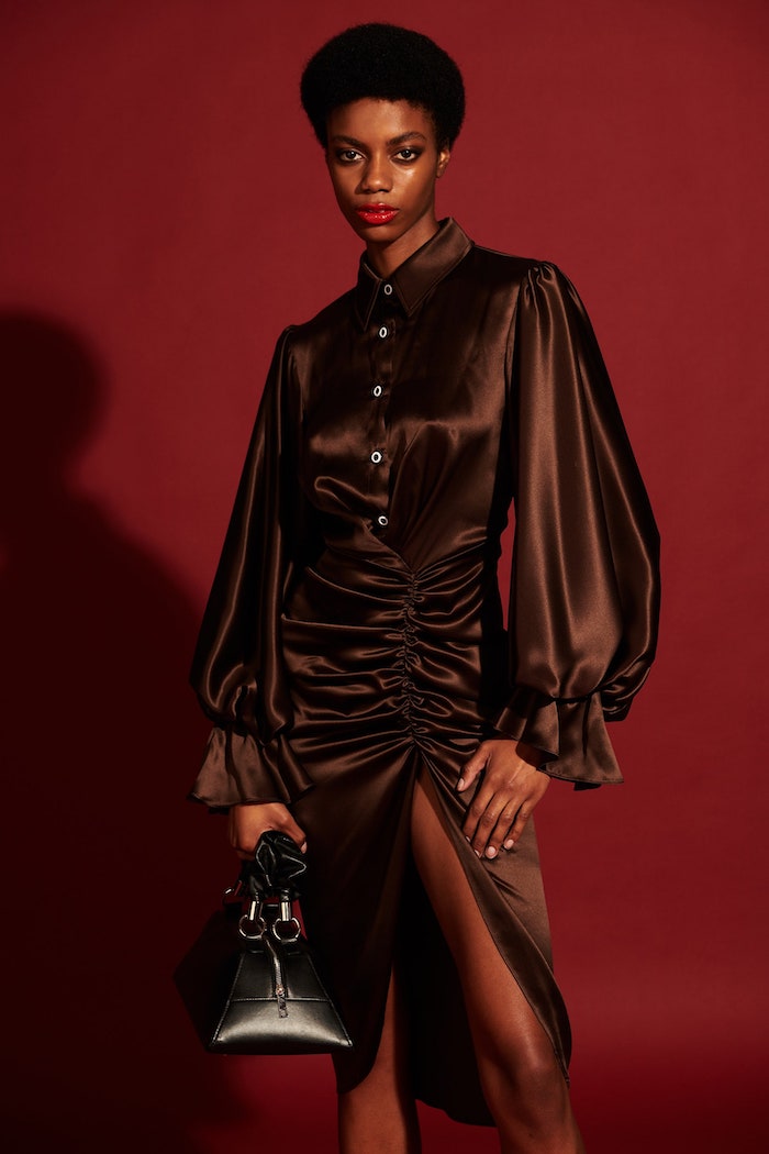 Satin Draped Balloon Sleeve Dress | Christian Siriano Satin Draped Balloon Sleeve Dress | Christian Siriano