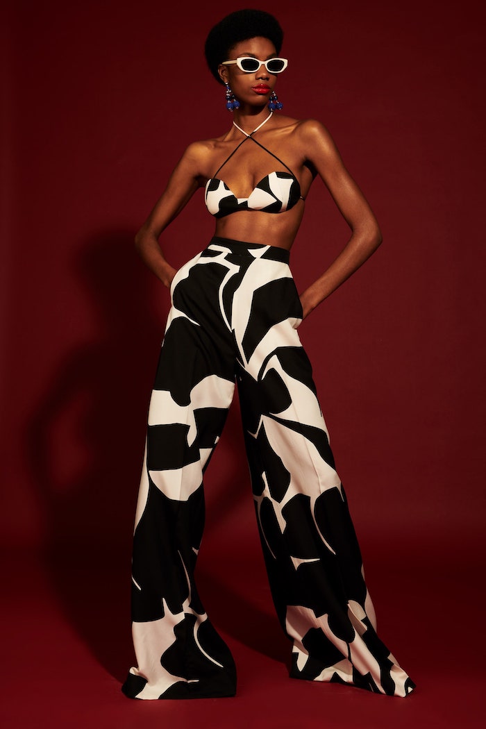 Black and White Abstract Floral Wide Leg Trousers
