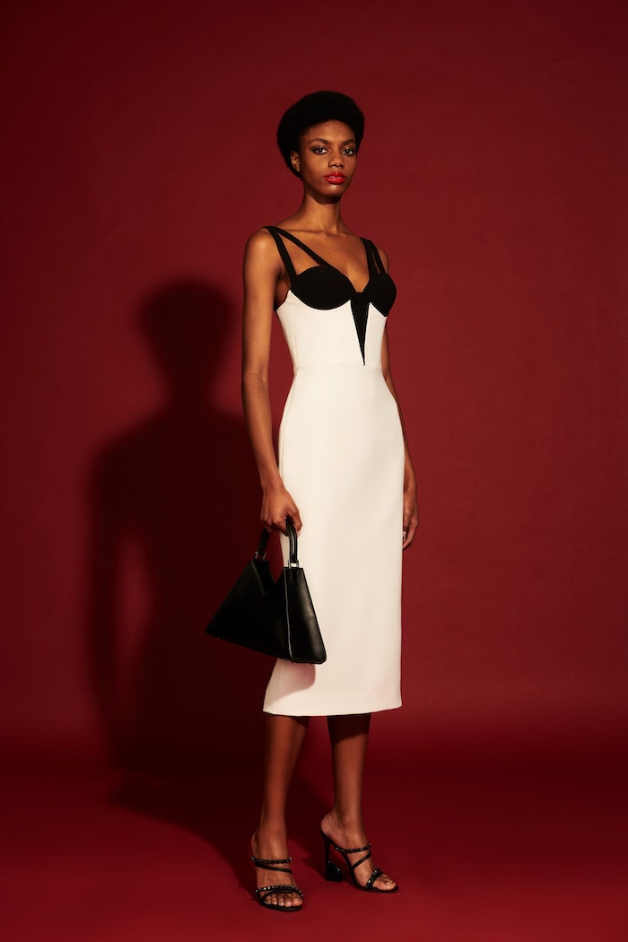 White and Black Draped Off the Shoulder Bra Top Dress