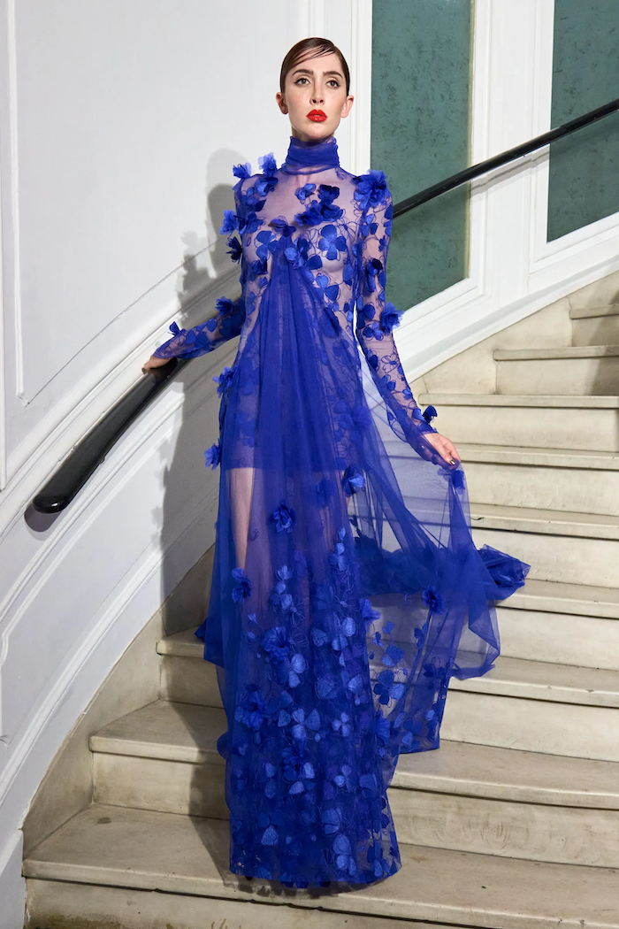 christian siriano blue dress Blue Sequin Strapless Corset Draped Gown
