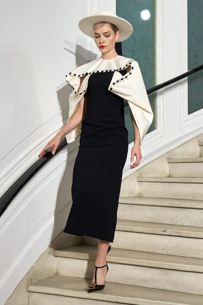 Ivory and Black Button Shoulder Drape Dress | Christian Siriano Ivory and Black Button Shoulder Drape Dress | Christian Siriano