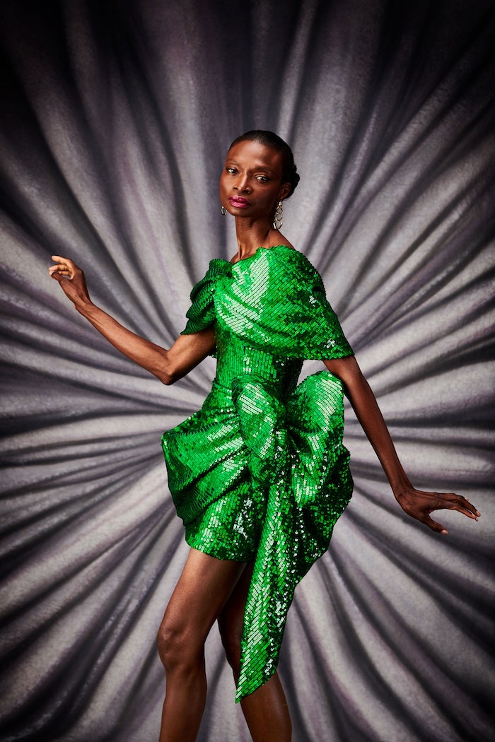 Electric Green Sequin Draped Bow Dress