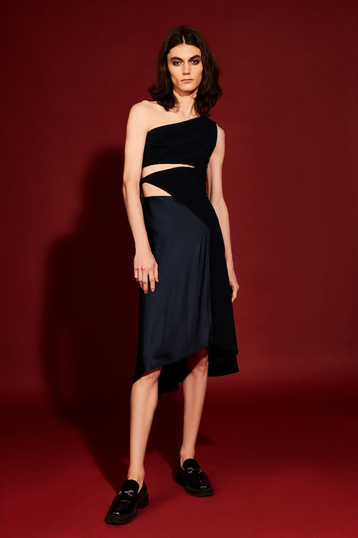 Cut Out Asymmetrical Satin and Crepe Dress