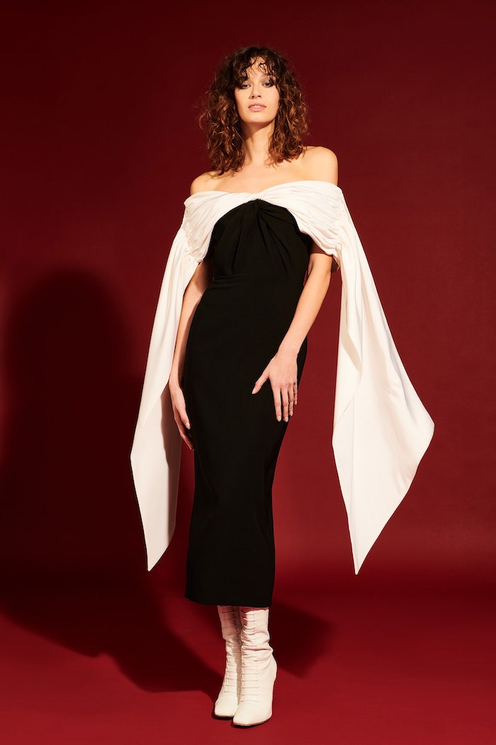 White and Black Off the Shoulder Cascading Sleeve Dress | Christian Siriano White and Black Off the Shoulder Cascading Sleeve Dress | Christian Siriano