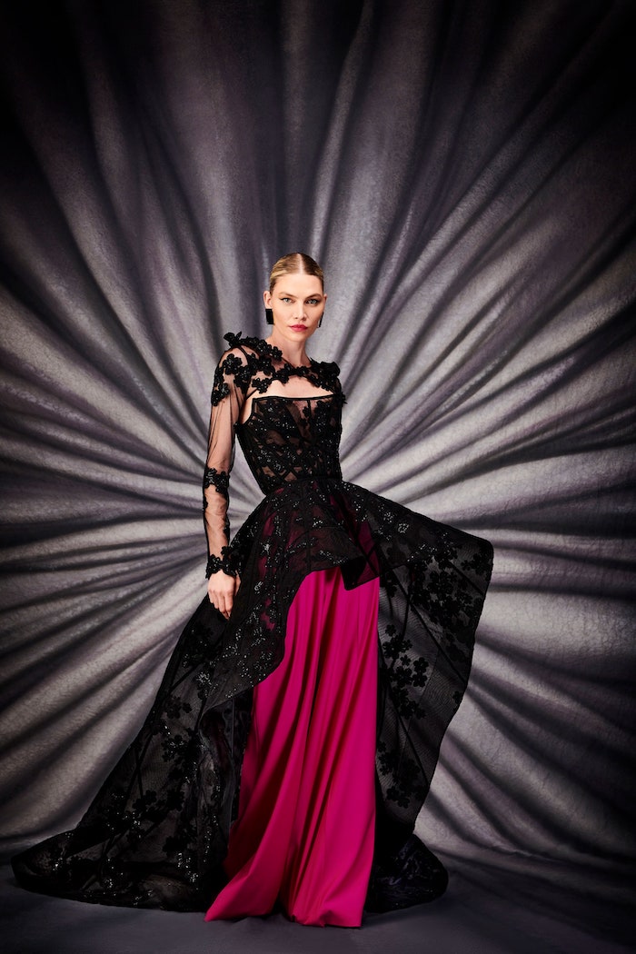 Black Floral Corset Peplum Gown with Train | Christian Siriano