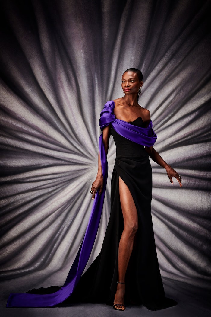 Strapless High Slit Gown with Satin Purple Drape | Christian Siriano Strapless High Slit Gown with Satin Purple Drape | Christian Siriano