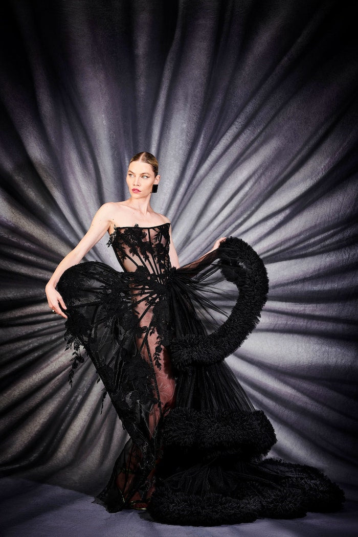 Black Floral Corset Structured Wing Gown with Cascading Tulle