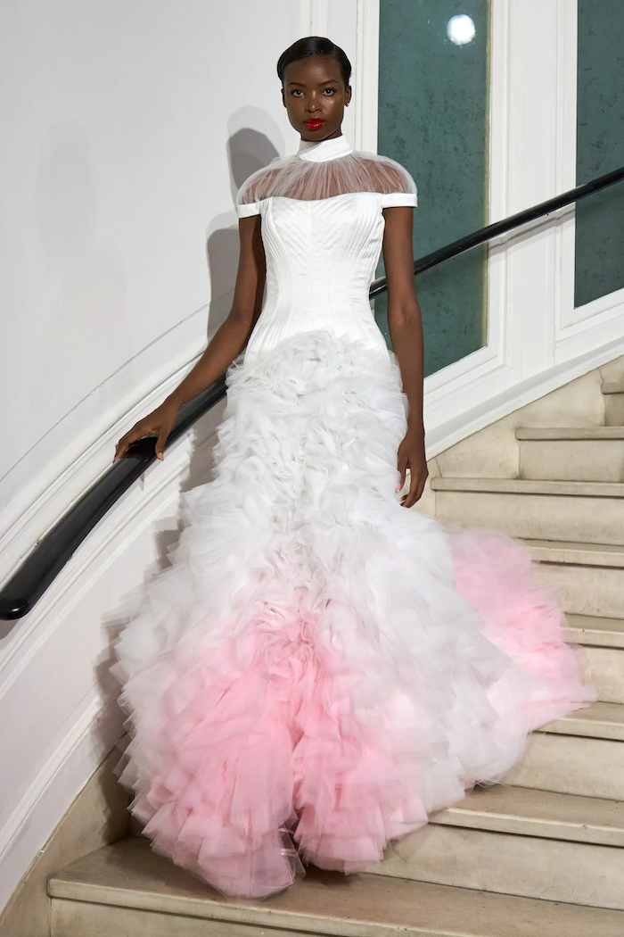 Mock Neck Topstitch Corset Gown with Cascading Tulle Layers