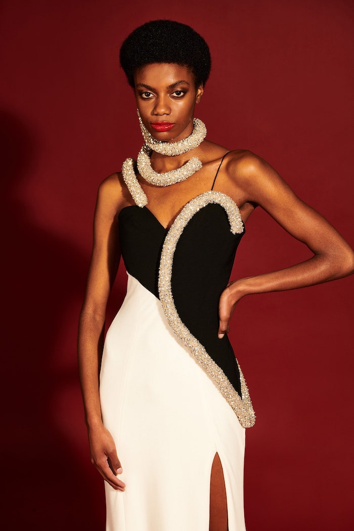 Black and White Velvet Gown with Crystal Embroidered Appliqué