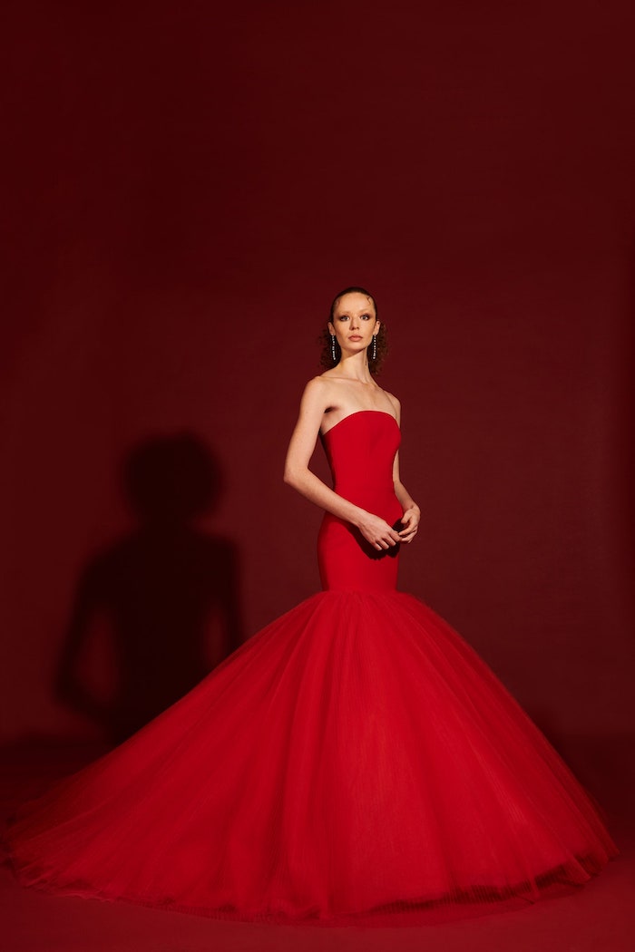 christian siriano red dress Red Sequin and Pleated Tulle Mermaid Gown