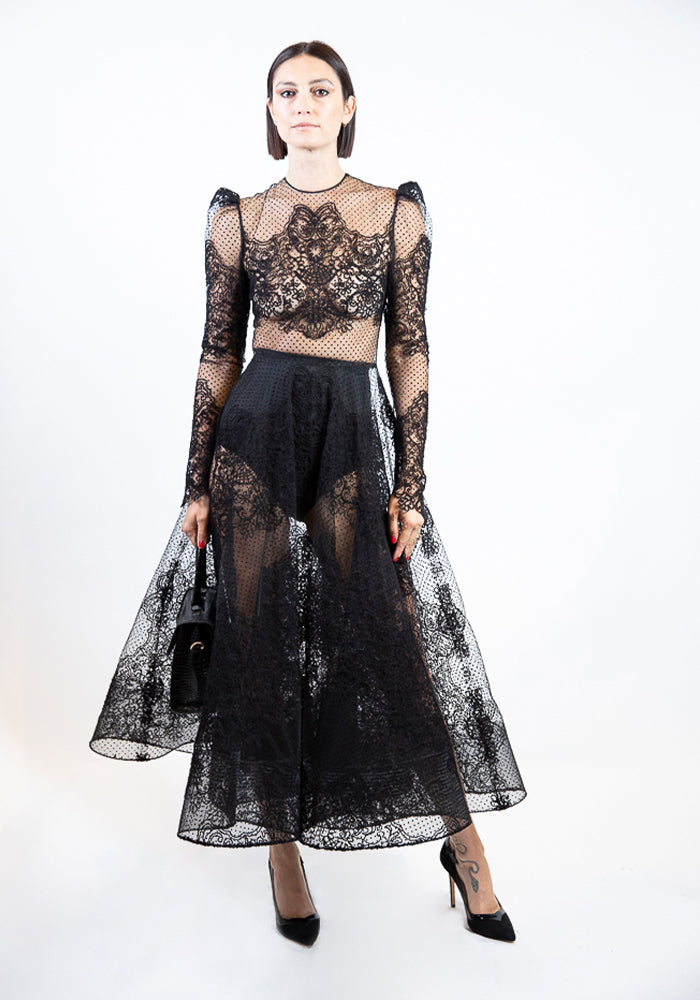 Puff Sleeved Swiss Dot and Lace Tea Length Dress | Christian Siriano