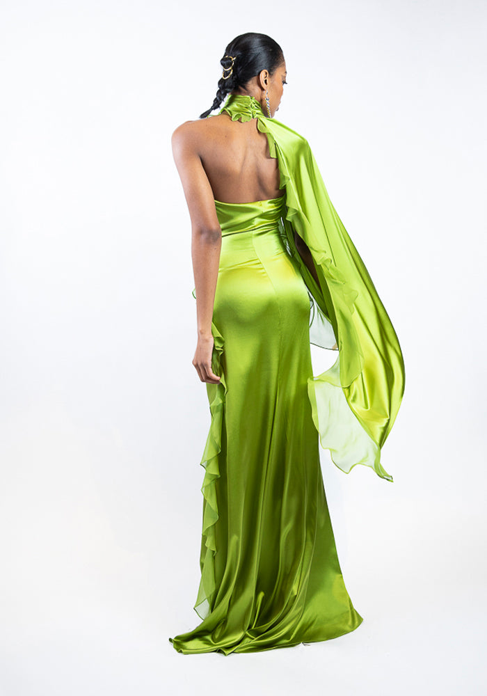 Glowing Green Mock Neck Ruffled Detail Gown