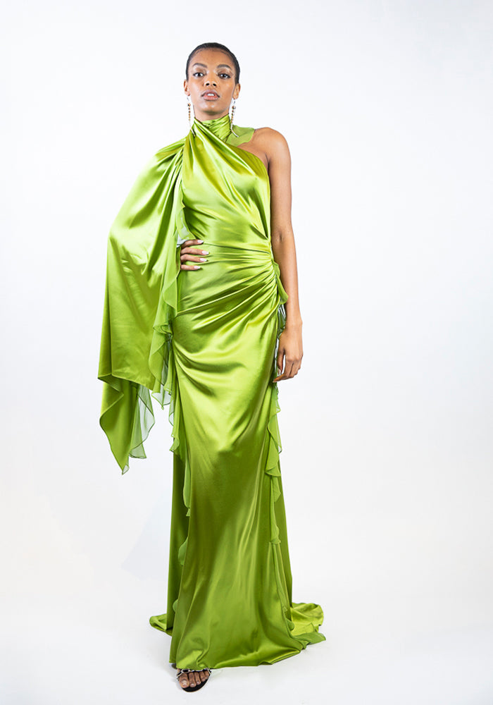 Glowing Green Mock Neck Ruffled Detail Gown