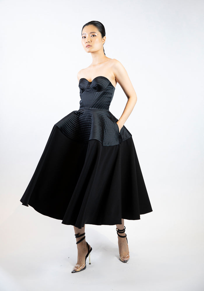 Strapless Top Stitched Detail Tea Length Dress | Christian Siriano Strapless Top Stitched Detail Tea Length Dress | Christian Siriano