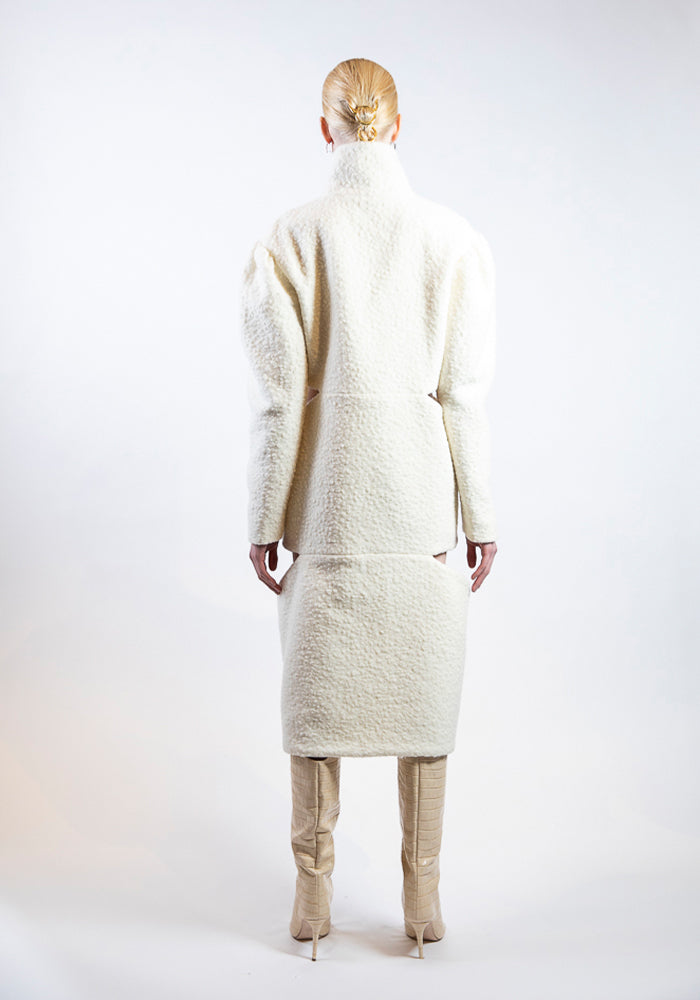 Ivory Boucle Cut-Out Mid-Length Coat