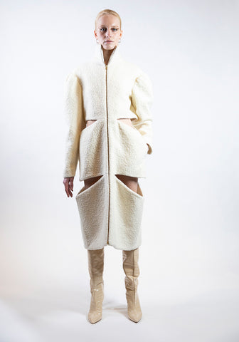 Ivory Boucle Cut-Out Mid-Length Coat