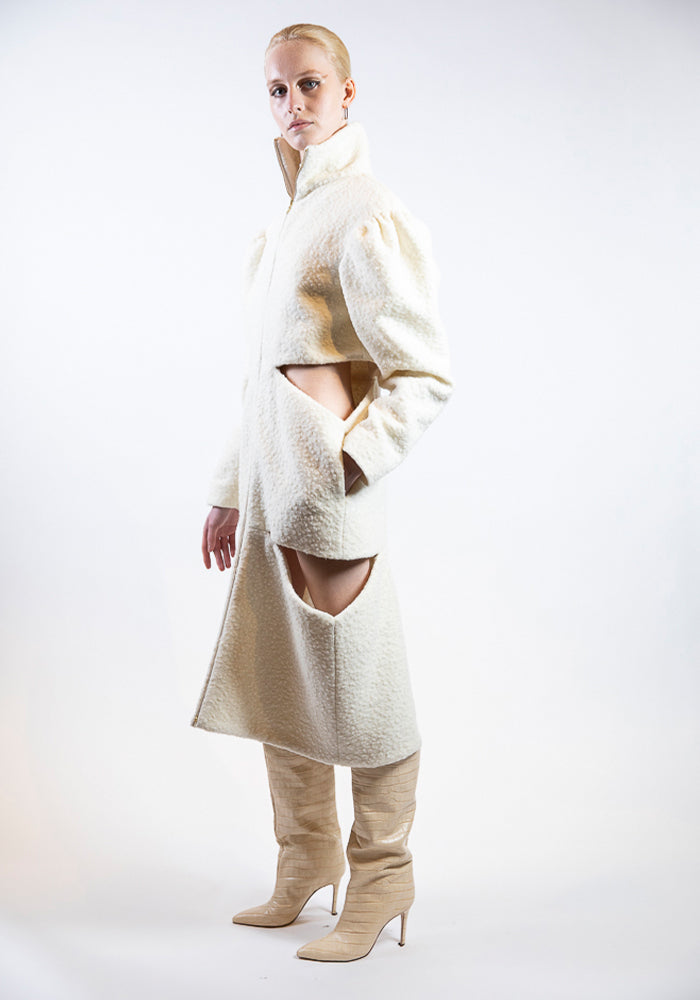 Ivory Boucle Cut-Out Mid-Length Coat