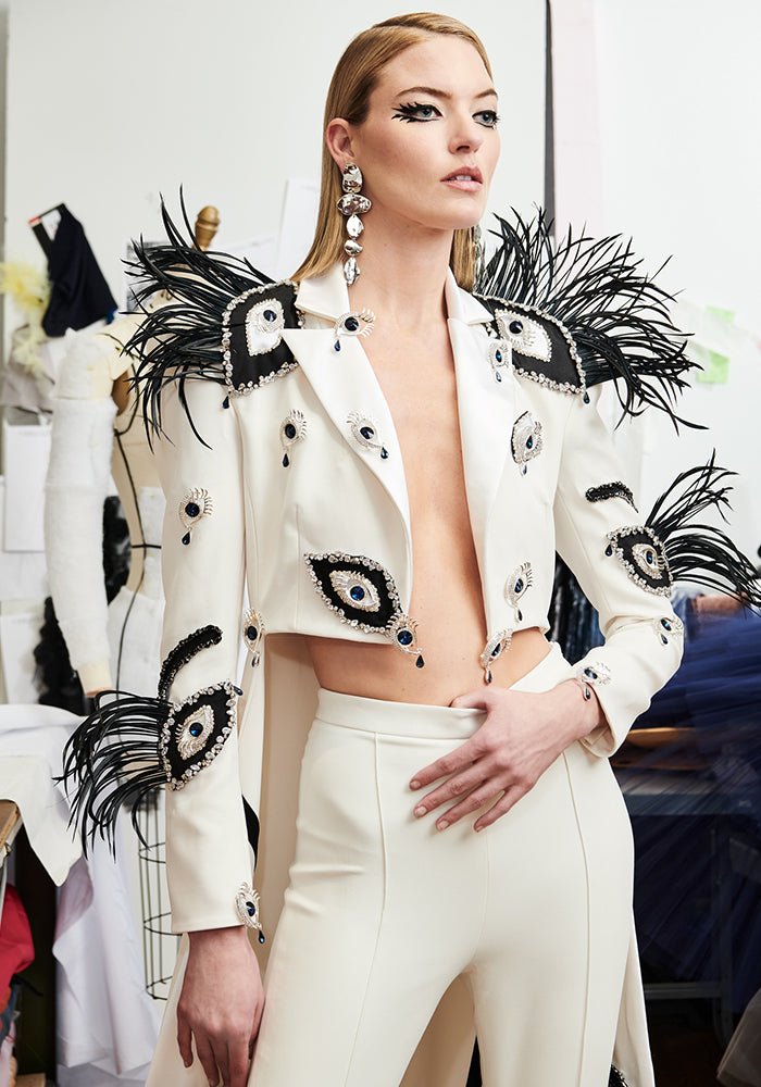 Crystal Beaded and Feathered Eye Applique Blazer with Train