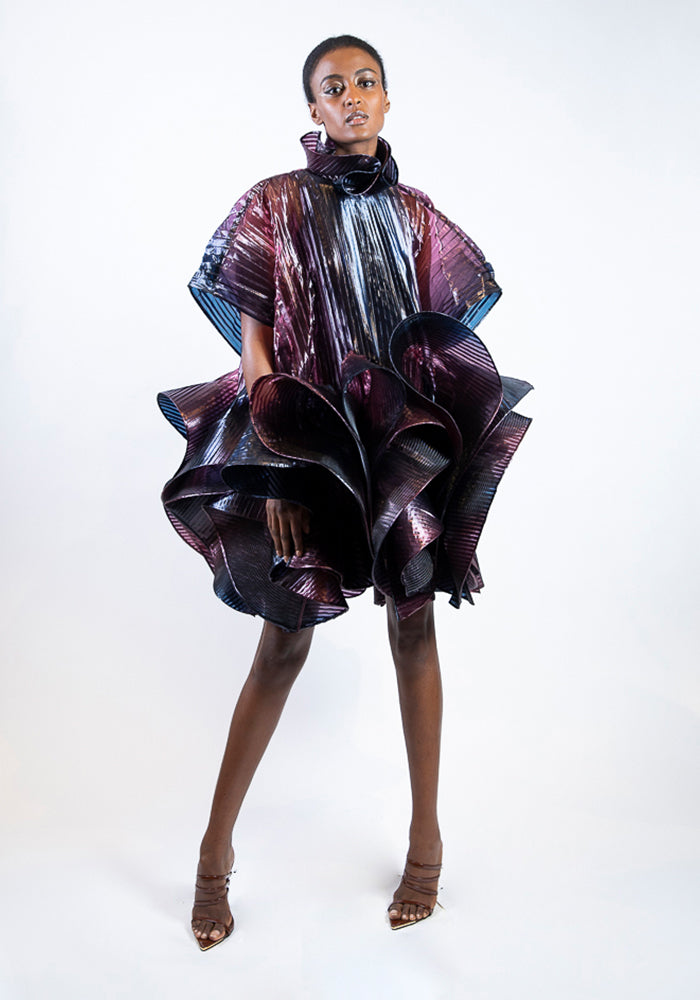 Iridescent Pleated Ruffled Mini Dress